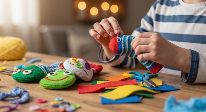 child making sock puppets for creative blogs, parenting websites, craft tutorial clipart, stationery design, children activities, school projects and home learning articles.