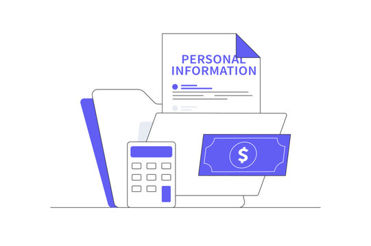 Personal income tax with calculator and personal information. Taxation, digital marketing, and accounting  projects. Flat Cartoon Vector Illustration, icon Stylish abstract design landing page web