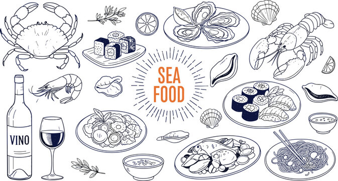 Seafood hand drawn vector set with crab lobster sushi oysters and dishes illustration isolated on white background