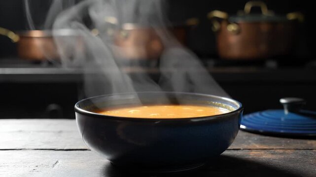 Steaming Bowl of Hot Soup on a Rustic Wooden Table.