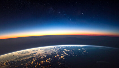 Earths curvature with atmospheric layers and stars during a twilight scene