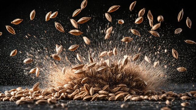 Cumin seed bounce scene with seeds flying upward at various heights creating dynamic explosion effect on dark surface with rim lighting and water droplets