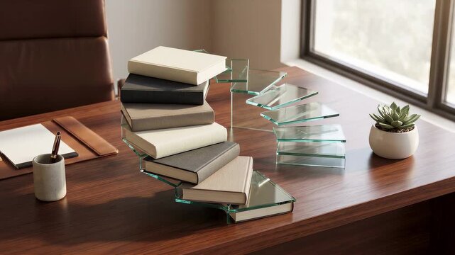 Glass book staircase concept on executive desk representing personal growth, knowledge and self improvement