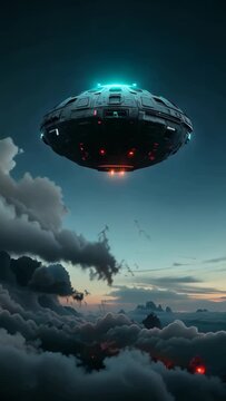 A sci-fi flying saucer suspended in the air, an alien spacecraft descends into the sea of clouds