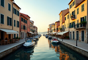 Obraz premium The scene shows a calm canal lined with various boats. Buildings in bright colors reflect in the water. Evening light casts a warm glow over the area, creating a nice atmosphere.