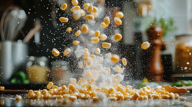 Corn kernel scatter yellow kernels flying upward kitchen mid-flight scattered heights angles blurred background cooking utensils ingredients
