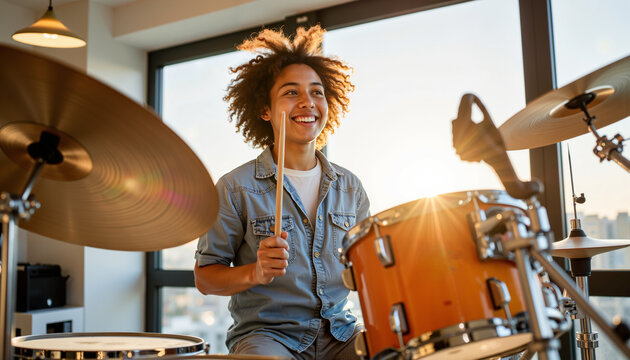 Teenager practicing drumming with joy in sunny indoor space  