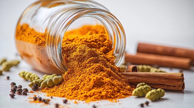 Curry spices blooming from tipped jar golden powder spilling cascade turmeric curry mix cinnamon sticks cardamom pods vibrant colors culinary dynamics