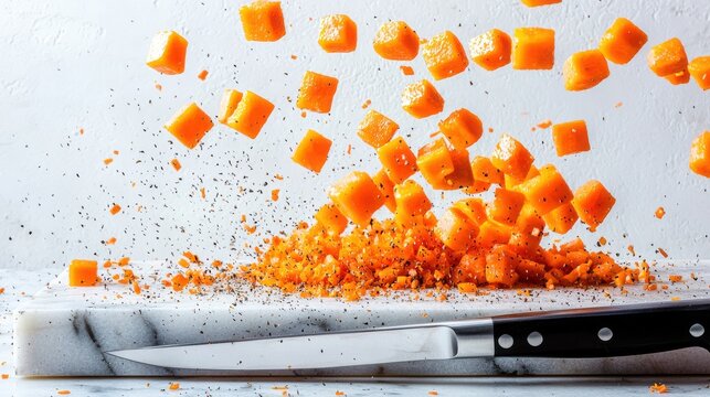 Carrot dice bounce mid-air above marble cutting board with chef knife dynamic motion orange cubes scattered particles professional kitchen white background