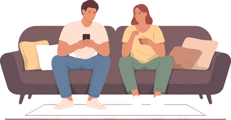 Obraz premium Young couple relaxing on sofa with mobile phone and snacks together in living room flat vector illustration.