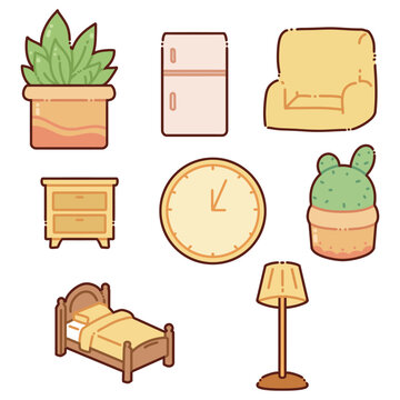 Cute Kawaii Cartoon furniture illustration set:Potted plants, green plants, refrigerator, sofa, bedside table, clock, cactus, single bed, floor lamp