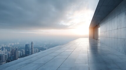 High-angle view from a modern building's rooftop, overlooking a city at dawn