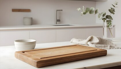 Fototapeta premium Neutral palette kitchen featuring refined oak cutting board