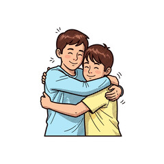 Obraz premium Two happy brothers hugging each other warmly with smiles on their faces.
