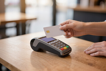 Paiement sans contact par carte bancaire en café, gros plan sur les mains utilisant un terminal de paiement, lumière naturelle et ambiance moderne minimaliste