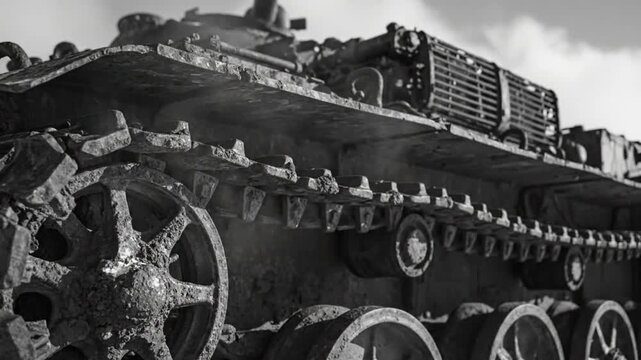 Black and white close up of an antique military tank, its tracks and wheels covered in dirt, billowing smoke against a bright sky.