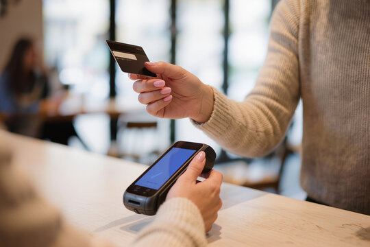 Paiement sans contact par carte bancaire en caf&eacute;, gros plan sur les mains utilisant un terminal de paiement, lumi&egrave;re naturelle et ambiance moderne minimaliste