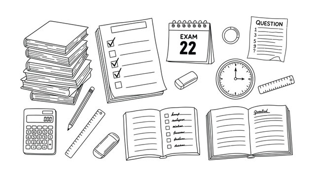 Educational Study Tools Illustration: A comprehensive collection of essential study tools, perfectly illustrated for educational and academic endeavors. Featuring a pile of books, notepad, calendar.