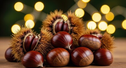 Obraz premium Autumnal chestnut still life with bokeh lights