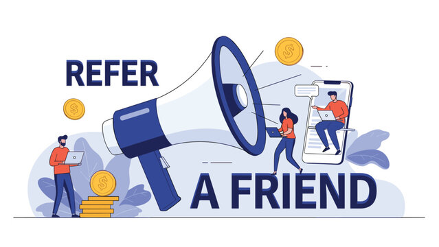 Promotional concept featuring a large megaphone with refer a friend text and people using laptops to earn coins.