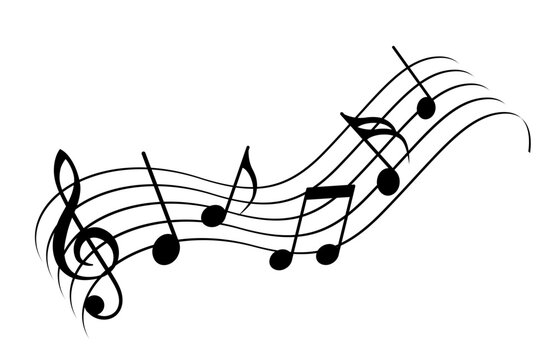A flowing musical staff shows a treble clef and scattered notes. Vector illustration