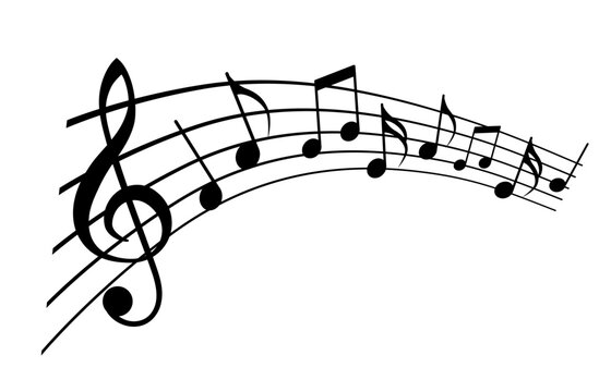 Musical notes flow along a curved staff with a treble clef. Vector illustration