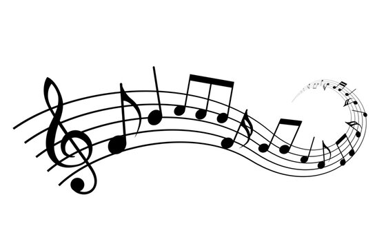 Musical notes swirl along a curved staff in a dynamic design. Vector illustration