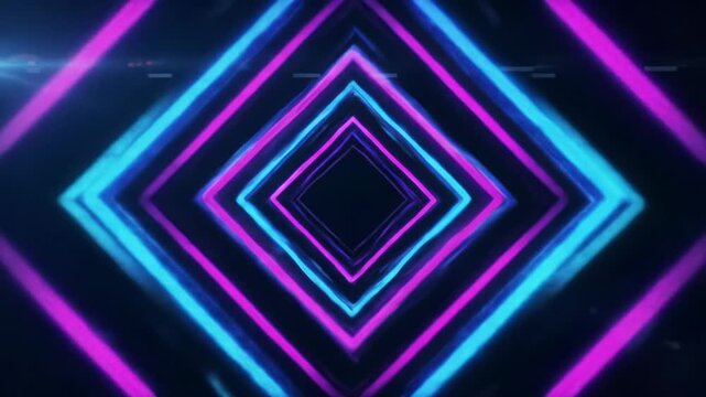 Wide video of pulsing purple, blue, cyan neon rhombus shapes on dark background, creating an infinite futuristic loop. High-tech interface concept.