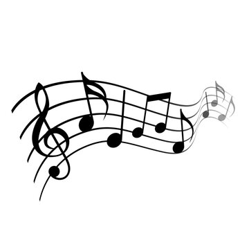 A treble clef and several musical notes flow along a curved staff. Vector illustration
