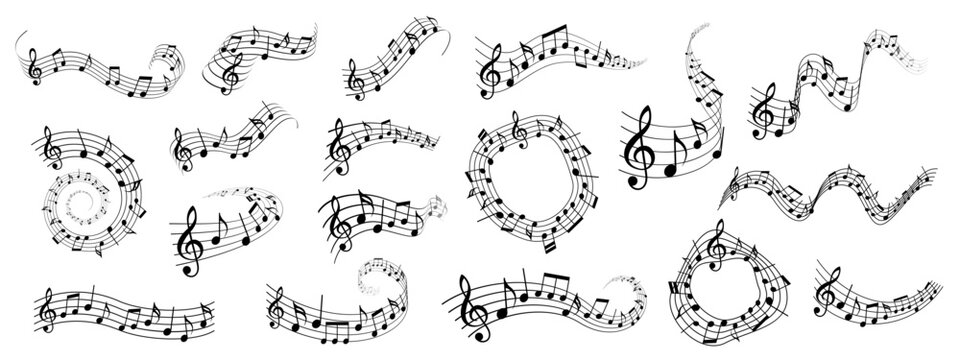 A swirl of notes and treble clefs dances across a white background. Vector illustration