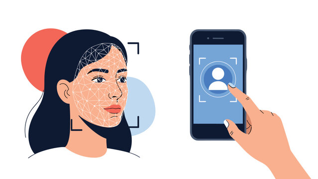 Woman head being scanned for facial recognition next to a smartphone screen with a user icon, illustrating biometric security and identity.
