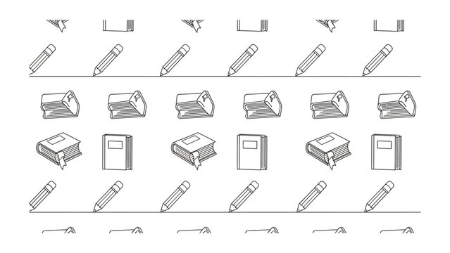 Creative Stationery Illustration: A seamless pattern of sketched stationery elements, pencils, notebooks, and erasers repeat across the image.