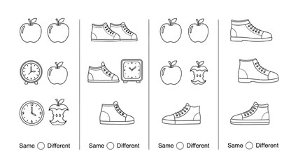 Fototapeta premium Same or Different?: Educational illustration showcasing an array of simple objects, with the aim to solve 'same or different' puzzles