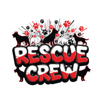Rescue crew logo with dogs and paw prints on white background design