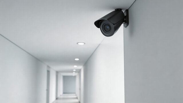 A security camera is installed in a long, white hallway with recessed lighting, providing a sense of safety and surveillance in a modern, empty space.