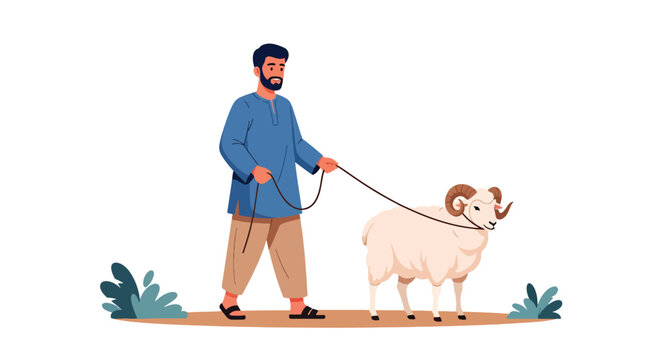 Flat style vector illustration of Eid Al Adha celebration with Muslim man walking sheep in nature, symbolizing qurban preparation, faith, and peaceful Islamic holiday atmosphere