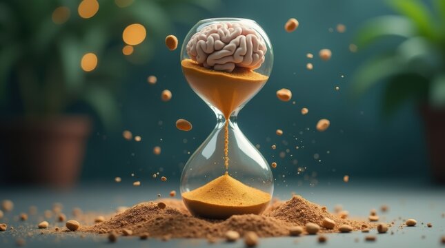 Hourglass contains human brain, sand flows down. Represents time passing and mental processes like cognition memory and intellect. Symbolizes thoughts ideas and awareness