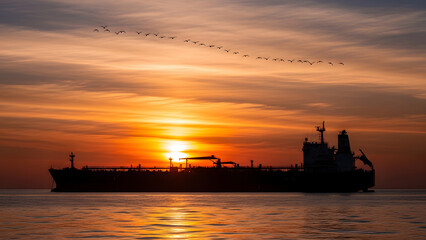 Obraz premium Large Cargo Ship Sailing During Sunset Over Calm Waters.
