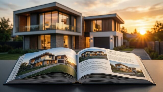 Open property catalog book in front of modern house at sunset representing real estate marketing and developer offer presentation 
