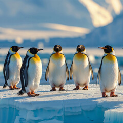 Fototapeta premium A group of seven emperor penguins stands on an ice floe in a cold, icy landscape