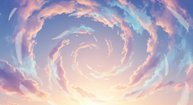 dreamy pastel sky with swirling clouds and white feathers