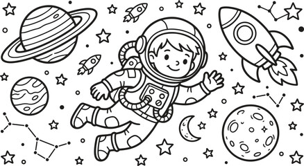 Cute boy astronaut floating in space coloring page with planets and rocket ship © Akhi Ayra