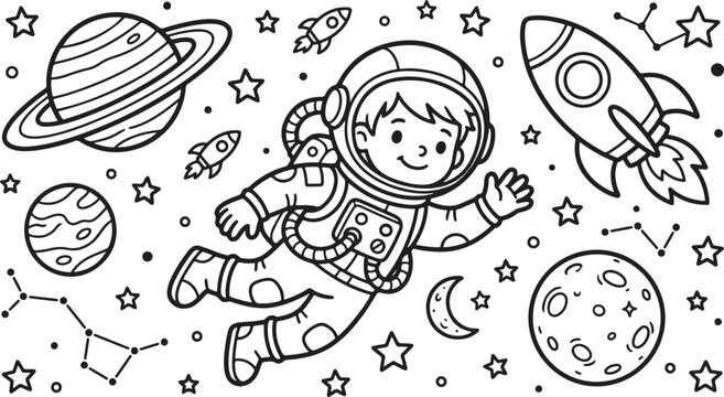 Cute boy astronaut floating in space coloring page with planets and rocket ship