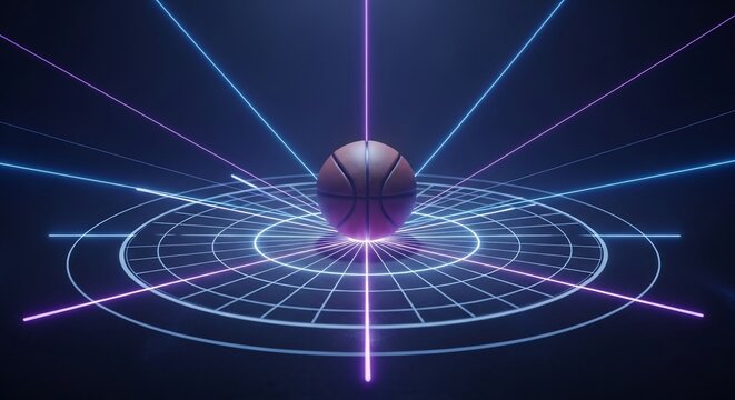 glowing basketball on futuristic neon grid with laser lines