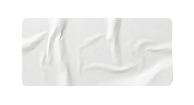 Wrinkled white rectangular paper sticker or label mockup. Isolated on transparent background, png