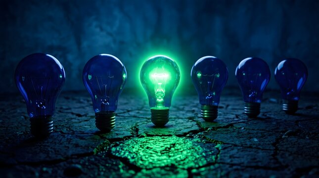 Luminous green lightbulb representing a bright eco idea among unlit blue bulbs