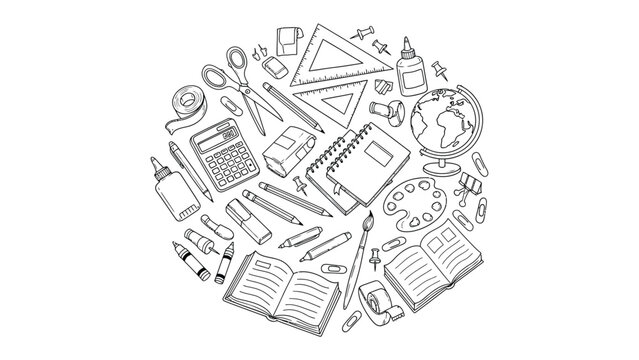 Creative Essentials: A collection of school and art supplies, arranged in a circular composition, perfect for showcasing creativity and education. 