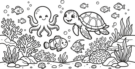 Cartoon ocean world line art illustration featuring sea creatures for children's coloring book. © Akhi Ayra