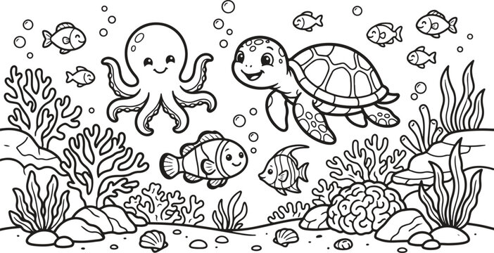 Cartoon ocean world line art illustration featuring sea creatures for children's coloring book.
