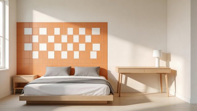 Modern bedroom with orange tile headboard